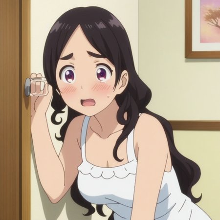 anime, best quality, (masterpiece:1.4), (high quality:1.4), sharp focus, 4k, absurd resolution, detailed hands, curly hair, long hair, black hair, 1girl, mature female, (parted hair:1.4), (round face), (no bangs:1.6), <lora:ETO_OC_XL:0.7>, hazel eyes, (thick eyebrows:0.9), sundress, skindentation, anime screencap,
 <lora:_sdxl-nusumigikli:0.5> nusumigiki, Stick to the wall, eavesdrop, Listen to the wall, Putting a glass to one's ear and listen to the wall, embarrassed, blush, squatting, glass, surprised, open mouth, excited,