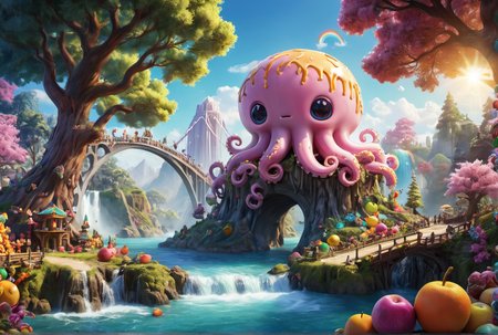 a detailed colorful (cute (kawaii:1.21) kraken ) in a (fantasy sweets sugar forest), trees adorned with sweets, (rainbow bridge:1.2) over a fruit juice river, sugar cane, cotten candy tree, 
(live action movie shot style:1.12), (movie poster style:0.27), (trending:0.92), (high object dectails:1.12), ({8k hd|16k uhd}:0.7), (hyperrealism photograph:1.14), (high resolution photography:1.07), (intricate detail:1.12), (high detailed background:1.19), (high resolution:1.1)DAYTIME {__effects__|}