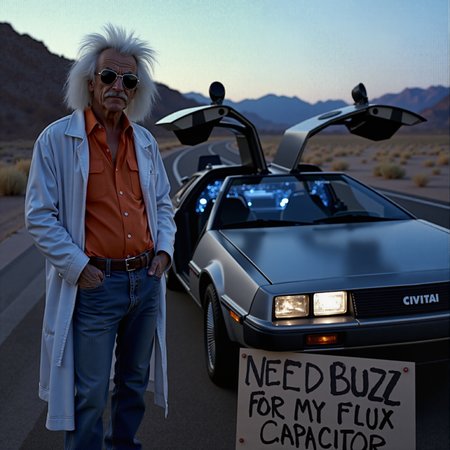 From the movie Back to the Future, a detailed scene of the iconic DeLorean time machine parked on the side of a deserted highway at twilight. The car's gull-wing doors are slightly ajar, revealing its futuristic interior, with glowing blue lights and intricate time-travel equipment. In the foreground, Doc Brown, wearing his characteristic white lab coat, futuristic silver shades, and bright orange shirt, stands by the road. His wild, white hair is untamed, adding to his eccentric appearance. He holds a large, hastily made sign that reads 'NEED BUZZ FOR MY FLUX CAPACITOR' in bold, uneven letters. The DeLorean’s license plate reads 'CIVITAI,' and the background features a scenic, winding road with distant mountains. The overall mood of the scene is a blend of urgency and humor, capturing the essence of the film's adventurous spirit.