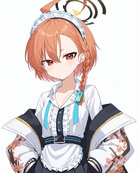 neru \(blue archive\),1girl, solo, mole_under_eye, halo, maid_headdress, looking_at_viewer, black_skirt, ahoge, white_shirt, character_name, open_jacket, white_background, ear_piercing, long_sleeves, simple_background, pleated_skirt, frilled_apron, single_braid, closed_mouth, breasts, side_braid, cowboy_shot, white_apron, off_shoulder
<lora:neru_(blue_archive)_image1870_2023-11-28:1>halo. gorgeous,key visual, vibrant, studio anime,award-winning, professional, highly detailed,high budget, cinemascope