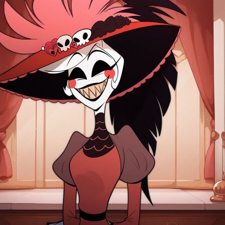 score_9, score_8_up, score_8, masterpiece, best quality, highly detailed, detailed face, 1girl, rosie from hazbin hotel, red dress, hat, grin, all-black eyes, no irises, no pupils ,smile, wide hips, black teeths,  upper body,  <lora:add-detail-xl:1>,  lilandavastyle,