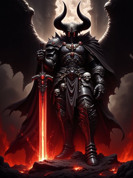 highly detailed dark fantasy digital painting, low-angle shot with a symmetrical composition, the scene shows a towering, faceless demon knight standing imposingly before a massive infernal portal, facing the viewer, his broad, curved horns are perfectly symmetrical, the demon wields a legendary, awe-inspiring magic greatsword in one hand, the bladeâs crossguard and pommel are encrusted with fiery, glowing rubies that pulse with infernal energy, bright orange-red sparks fly from where the greatsword touches the volcanic ground, the demon's piercing crimson eyes burn with intense focus as they lock onto the viewer, his dark, intricately engraved armor is forged from infernal metal, each piece meticulously crafted, exuding an ominous and powerful aura, a dark, tattered cape billows behind him, adding to his menacing presence, in the background, the massive infernal portal looms, surrounded by intricate carvings and ancient, faintly glowing runes etched into the stone, dim red light seeps through cracks, illuminating the portal and casting an eerie glow on the scene, the fiery, dim lighting of the scene enhances the dramatic contrasts, as glowing sparks float through the air, subtle shadows and smoky tendrils rise around his feet, faint reflections from lava flows cast across the jagged rocks, illuminating the intricate engravings of his armor and the fierce, supernatural quality of his form, vantablack, hkstyle, holding sword, wearing armor, celestium style, <lora:vantablack-v2-flux-by_tijuanaslumlord:1.08> <lora:style-celestium-v0.1-flux-by_sterlingangel:0.48> <lora:fantasy_knights-v2-flux-by_hailoknight:1.0> <lora:image_enhancer-flux-by_dever:1.0>