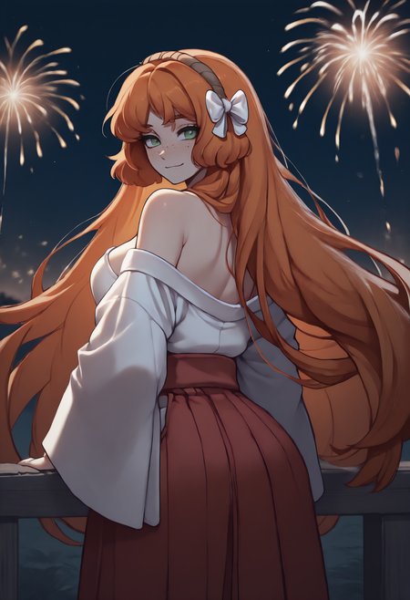 anime, masterpiece, best quality, from behind, solo, 1girl, ihml, freckles, slight smile, looking back, long hair, orange hair, sidelocks, hair bow, white bow, brown hairband, green eyes, japanese clothes, white kimono, off shoulder, red hakama, bare shoulders, outdoors, night, fireworks
<segment:yolo-Anzhc Face seg 640 v2 y8n.pt,0.4,0.5//cid=1>