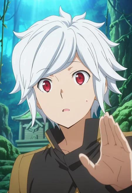 masterpiece, best quality, , anime screencap, anime coloring, official style, , 1boy, solo, male focus, <lora:bell_cranel_ilxl:0.96>, bell_cranel, white hair, red eyes, short hair, jungle shrine, moss-covered steps, glowing altars, wild vines, worship pose, reverent expression, filtered light,