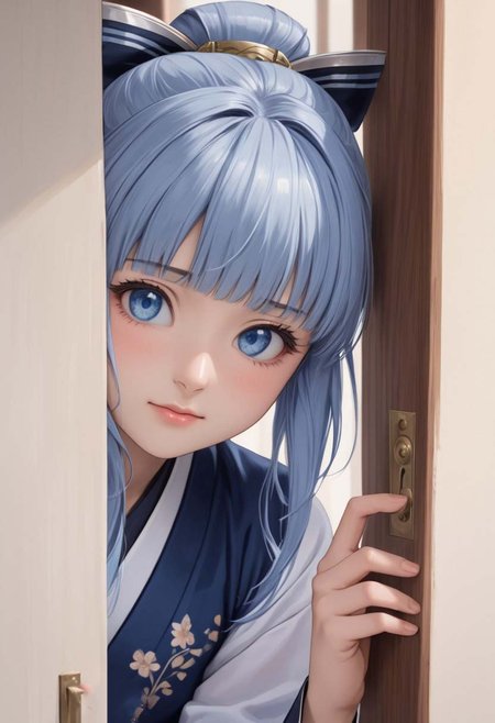 masterpiece, best quality, highres, 1woman, ayaka_a, blue eyes, blue silver hair, bangs, long hair, ponytail, hair ornament, Ayaka Kamisato's costume, peeking out upper body, door, opening door, doorway