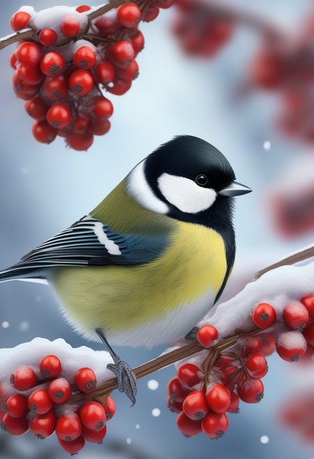 Portrait of a beautiful great tit, a masterpiece, enchanting, friendly, beautiful style, magical lake, winter, frozen rowan berries in tree, insanely detailed, 8K resolution, digital art, vibrant colors,  intricate details, soothing pastels, ultra high Resolution, hyper detailed, photorealistic, natural light, very detailed, Style-Moana