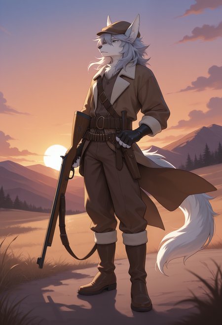 masterpiece,best quality,amazing quality, 1boy, solo, p4tx1, furry, brown hat, brown jacket, boots, collared shirt, black fingerless gloves, rifle, bandolier, tail, blue eyes, brown pants, full body, outdoors, sky, sunset