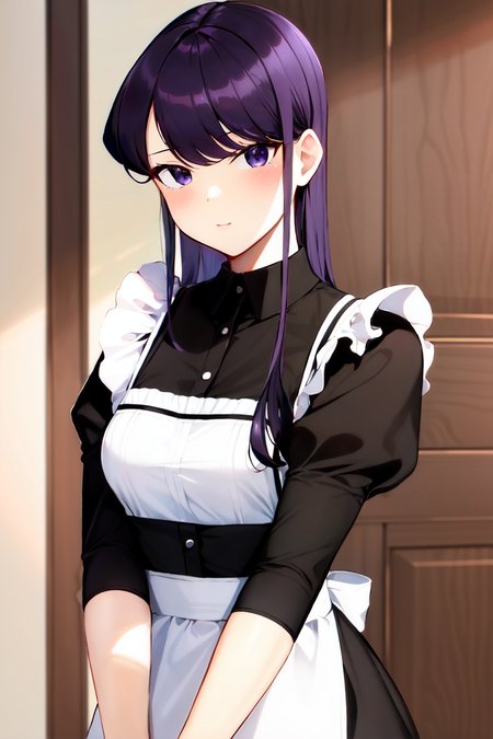 ((komi shouko)), 1girl, apron, black eyes,  komi-san wa komyushou desu, long hair, looking at viewer, maid, gaping mouth, purple hair,  solo, upper body, masterwork,

<lora:komi_shouko:0.5>