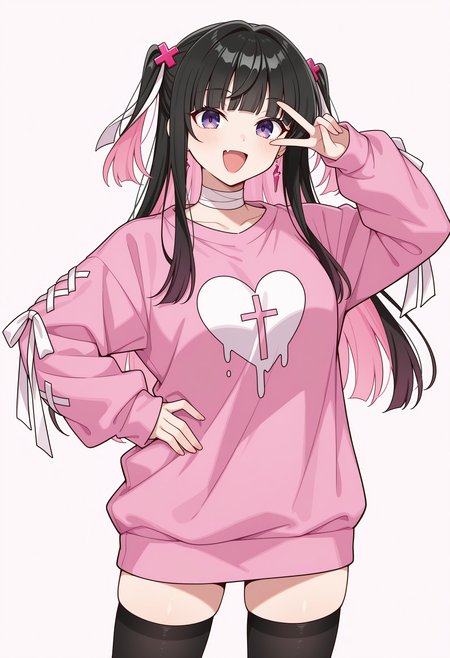 1girl,solo, purple eyes, two side up, long hair, black hair, pink hair, colored inner hair, x hair ornament, hair ribbon, white ribbon, heart earrings, broken heart, bandaged neck, pink sweater,long sleeves, cross print, cross-laced sleeves, black thighhighs, 
simple background, standing, looking at viewer, :d, v over eye, hand on hip, 
,masterpiece, best quality, amazing quality,
<lora:NoobV065sHyperDmd:.5> <lora:poison_yami:1>