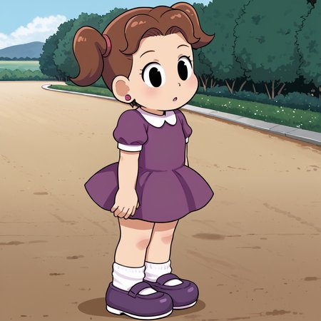 outdoors,  <lora:DeniseV2:1> denisetdm, 1girl, solo, black eyes, reddish-brown hair, twintails, short twintails, jewelry, earrings, dress, purple dress, short sleeves, whit socks, shoes, purple footwear