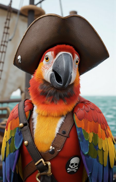 photorealistic CGI rendering of a parrot dressed as a pirate. The parrot, with vividly colored feathers in shades of orange, red, and yellow, is the central focus of the image. It wears a large, dark brown tricorn hat with white patches and a black band, adorned with a skull and crossbones emblem. The parrotâs beak is large and curved, with a dark gray hue. Its expressive, wide-open eye is a bright yellow, giving it a lively and alert appearance. The parrotâs feathers are meticulously detailed, showing individual textures and layers, adding depth and realism.The parrot is dressed in a pirate costume, featuring a brown leather vest with a gold buckle, a black sash tied around its chest, and a small, white skull and crossbones patch on its left shoulder. The background suggests a pirate ship setting, with blurred elements of rigging, sails, and the ocean in the background, painted in soft, muted tones of blue and green. The light source is natural, casting soft shadows that enhance the texture and depth of the scene. The overall style is realistic, with a focus on fine details and lifelike textures, making the parrot appear almost anthropomorphic., <lora:aidmaImageUpraderv0.3:0.4>, aidmaimageupgrader, <lora:diffusion_pytorch_model:1>, <lora:aidmaMJ6.1_v0.5_3:0.7>, aidmaMJ6.1, ultra quality, ultra detailed, intricate details