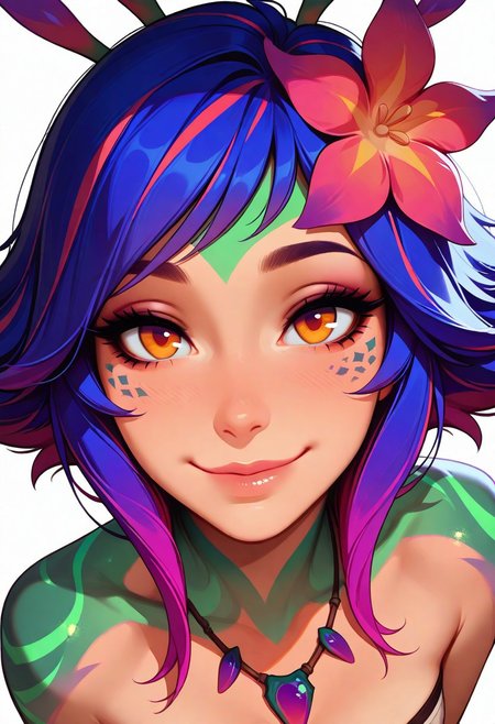 masterpiece, best quality, amazing quality, very aesthetic
Artist : Tsuaii, Artist : Incase, flat colors,
1girl, close up, portrait, face focus, looking at viewer, 
playful smile, seductive look, from above,
neeko, multicolored hair, colored skin, facial mark, hair ornament, hair flower, necklace, 
(neutral white background), dynamic lighting,