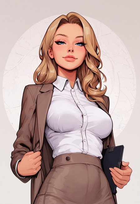 score_9, score_8_up, score_7_up, high detailed, high quality, masterpiece, no text, quality highlights, 8k detail, detailed background, dynamic view, ultra-detailed,
...
1girl, solo, female focus, expressiveh, mature, (warm skin),
(dark-blonde hair), (blue eyes), (long hair), (straight hair), (intricate hair),
medium breasts, teardrop breasts, (perfect slender body), thin lips, forehead, parted bangs, 
(incredibly sexy), wide hips,
...
sexy pose, eyes wide, looking at viewer, closed mouth, ((white dress shirt)), 
((brown formal tube skirt)), ((brown suit jacket)), light smile, ((holding clipboard)), 
standing, posing, below view, selfie view,
...
(CEO office background),