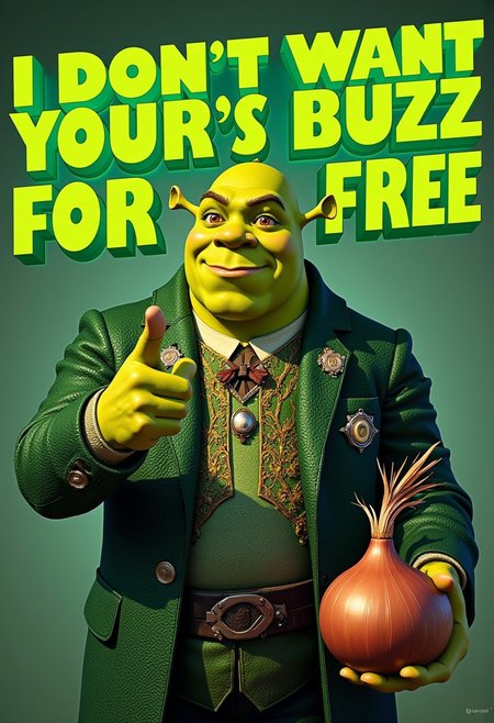 Poster in cyberpunk style, The poster depicts Shrek in elegant green suit, shrek is wearing elegant green suit, Shrek poins at viewer with finger, looking at the viewers, on top of the poster there is bold 3d green  text "I don't want Your Buzz for free" and on the bottom there is a second line of text "I want YOU to use my loras" Shrek is in the middle of the poster between text lines "I don't want Your Buzz for free" and "I want YOU to use my loras".
On second hand, that one not pointing at Viewer Shrek holds a massive onion. 
aidmatextimprover