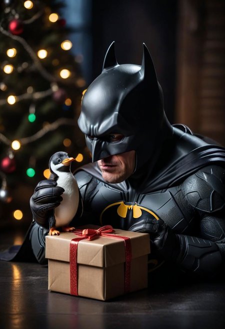(sad crying batman unwrapping a small open gift box with a penguin inside, penguin gift:1.2), RAW photo, Christmas lights, bat cave dark background, (sharp focus, realistic:1.2)