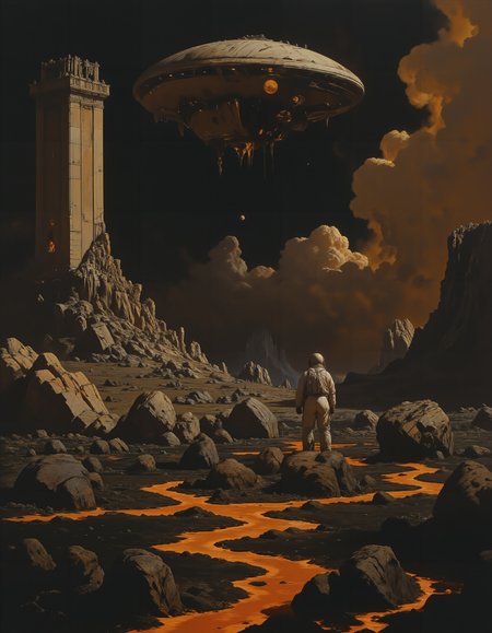 sci fi oil painting of a lava field. A lone astronaut in the distance stands looking upwards towards the sky. A crumbling monolith stands off center. A massive space ship hangs in the sky. style of frank frazzeta fantasy oil painting, <lora:Classic_Paint:1> <lora:frazetta_flux_v2:1> <lora:flux.1_lora_flyway_Epic-Characters_v1:1> <lora:artilands:1> <lora:MJanime_Flux_LoRa:1>