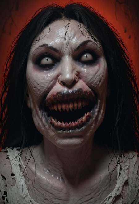 score_9, score_8_up, score_7_up, score_6_up, source_real, source_photo, a 3/4 three-quarters length portrait, WitcherToxinV1 , heavytoxin, veins, black veins, veins, very large veiny breasts, 1girl, deadite woman , female deep one, valak, deep cleavage, source_real, source_photo, a possessed woman, bloodless lips, valak, Body horror, pale body, blank blind eyes, long black hair, grey skin, black veins, monster, scary, paranormal, pale, black veins, long tangled black hair, teeth, hands on hips, front view, very pale skin, 
Tattered black victorian dress, tattered black old-fashioned peasant dress
uglified face,
uglified body,
uglified breasts,
grime
sagging breasts,
pregnant
very pale grimy filthy skin, evil smile, demonic possession. Evil smile, a possessed woman,, blank blind eyes, large breasts, hands by side, floating in mid-air, floating above ground, no pupils,  red lighting, bedroom with peeling wallpaper, horror, scary face, monstrous, evil, claws, red lighting, Expressiveh, g0thicPXL,, neon,, zPDXL2, exorcist style