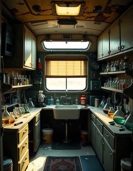 The interior of an old RV converted into a clandestine drug laboratory, inspired by the TV series Breaking Bad. The space is cramped and messy, filled with scientific equipment, glass beakers, flasks, burners, chemical containers, and lab tools scattered around. The walls are aged and stained, with peeling wallpaper and old metallic cabinets. A small sink area is cluttered with dirty lab glassware. The lighting is dim and tinted yellow, with sunlight barely filtering through dusty blinds. The floor is grimy, with a mix of rubber mats and worn carpet. The overall atmosphere is tense and gritty, capturing a sense of secrecy and danger. Hyper-realistic style, cinematic composition, rich in textures and shadows.
<lora:SDXLFaeTastic2400:0.4> <lora:extremely_detailed:0.4> extremely detailed,<lora:old_RV_drug_l4b0r4t0ry:1>,old RV drug l4b0r4t0ry, Masterpiece,best quality,hi res,8k,hi res,8k,award winning,(sharp focus, intricate, highly detailed),