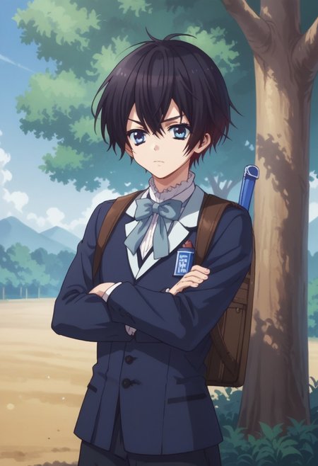 score_9, score_8_up, score_7_up, source_anime, highly detailed, 
kazuo, solo, blue eyes, school uniform, bowtie, 1boy, male focus, black hair, shorts, bag, crossed arms, upper body, short hair, backpack, 
outdoor, blue sky, tree