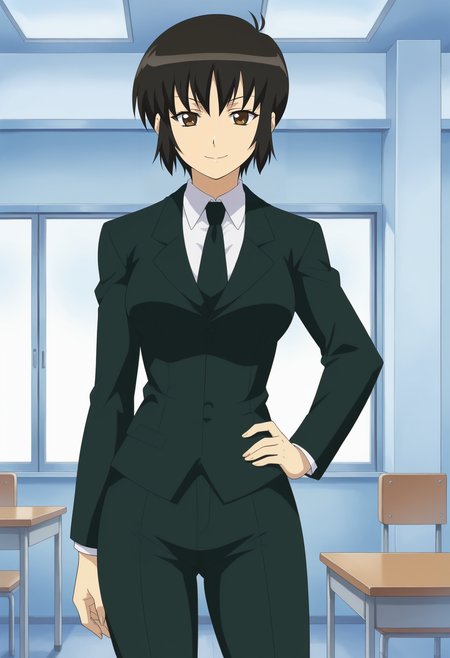 <lora:Kosame-Girls_Bravo:0.8>,1girl,solo,Kosame,short hair,black hair,brown eyes,anime coloring,suit,formal,necktie,cowboy shot, hand on own hip, looking at viewer, smile,indoors