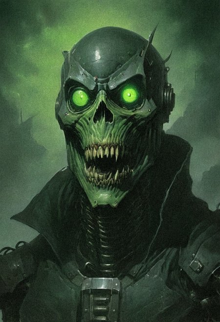 DnD_Grainyboyz, grainy, noise, Dark artwork of a human like robot, giant jaw, cold silver metal, big round glowing green eyes, wearing black and detective coat