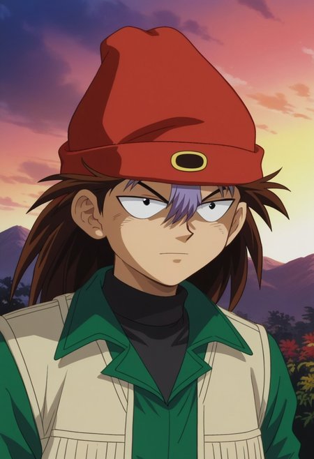 score_9, score_7_up, source_anime
ryuzaki, 
1boy, male focus, solo, black eyes, brown hair, long hair, multicolored hair, two-tone hair, brown hair, purple hair, hair between eyes, hat, beanie, red headwear, shirt, black shirt, turtleneck, green shirt, collared shirt, vest, brown vest, open vest, open clothes,
outdoor, sky,