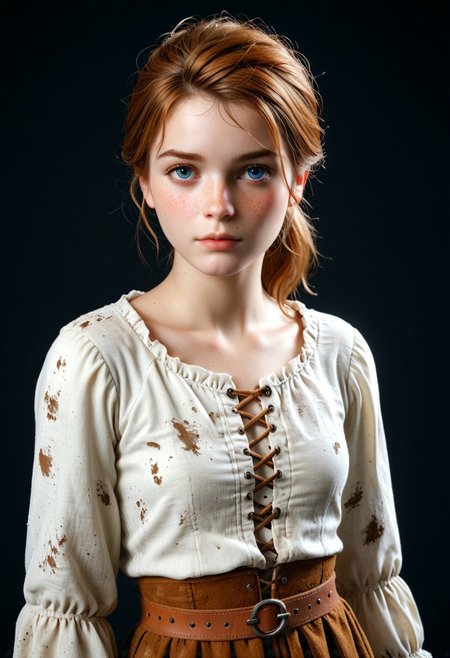 1woman, Masterpiece, 8k, ultra high detail, score_9, score_8_up, score_8, 21yo,  small breast size, sporty short blonde ponytail hair, fcNeg, stunning blue eyes, intense freckles, white skin, small nose, innocent beauty, slim face,  skinny athletic body, perfect body, supermodel, extreme detail, exhausted, never give up, leading wastelander to victory, 
Dark night, dark background, through dark alleys,    Medieval fantasy, rogue, 
Dirty skin, dirty clothes, Medieval fantasy clothes, 
Medieval fantasy cityruins,