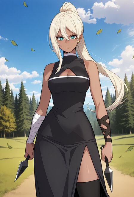 anime screencap, masterpiece, best quality,
<lora:OverpoweredSword_Karen_IlluXL:0.9>,
1girl, solo, serious, floating hair,
dark-skinned female, asymmetrical hair, high ponytail, hair between eyes, long hair, blonde hair, aqua eyes, bright pupils, mole under eye, single earring, stud earrings,
turtleneck dress, sleeveless dress, long dress, black dress, cleavage cutout, medium breasts, bandaged arm,
single thighhigh, black thighhighs,
holding weapon, kunai,
standing, looking at viewer, cowboy shot,
forest, falling leaves, scenery, blue sky, cloudy sky, photo background, blurry background