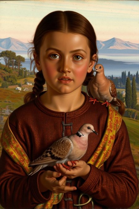 williamhhunt1 painting.
A child standing outdoors in a picturesque landscape. She has light brown hair styled in two braids and a serious expression. She wears a richly patterned garment with a deep red background and intricate gold accents. A pigeon is perched on her shoulder. <lora:williamhhunt1_cap_d6a3e9:1.0><lora:838042746452368946:0>