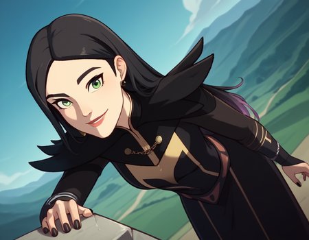 score_9, score_8_up, score_7_up, source_anime, <lora:dragon-prince-claudia-ponyxl-lora-nochekaiser:1>, claudia, long hair, black hair, green eyes, lips,, long sleeves, dress, jewelry, earrings, nail polish, black dress, black nails,, landscape, bent over, smile,, looking at viewer, solo, cowboy shot, dutch angle