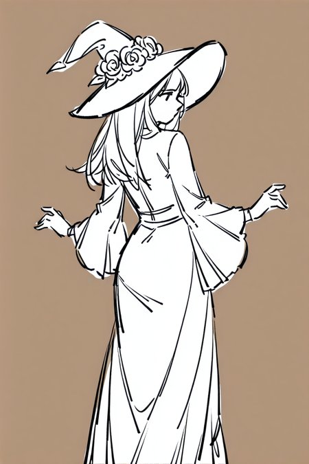 <lora:Sktchst_IL:1> sktchst, 1girl, solo, hat, witch hat, monochrome, long hair, flower, dress, brown background, from behind, sketch, simple background, hat flower, long sleeves, wide sleeves, witch, look back