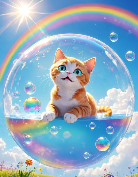 pixar style,  lots of bubble floating into the sky, a cat resting inside the bubble, blue sky, levitation, cute, rainbow, lens flare,