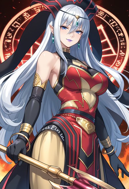 (score_9:0.9),score_8_up,score_7_up,rating_safe,anime style,(zPDXL),(zPDXL3),
<lora:Ruin Supreme Queen of Oblivion ponyXL v1.3:0.7>,truin supreme queen of oblivion,1girl,solo,staff,large breasts,crystal earrings,black elbow gloves,gold bracelet,smile,magic circle,dark persona,looking at viewer,red headdress,crystal circlet,red dress,holding staff,purple lips