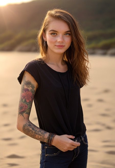 lily, 1girl, solo, rating_safe, beach, upper body, t shirt, skinny jeans, arm tattoo, freckles, bracelet, earring