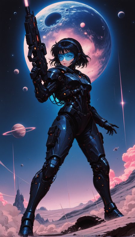1girl, black hair, cybernetic armor, glowing cyan lines, visor, plasma rifle, alien planet, twin moons, dust storm, tactical gear, futuristic weapon, science fiction, battle stance, high detail, harsh lighting masterpiece, best quality, amazing quality, very aesthetic, absurdres, detailed eyes, newest, <lora:PinkieRetroCybercoreIL:1>, pinkretrocybercore, retro,