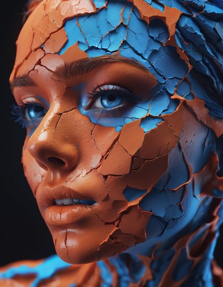 a close up of a person's face on a cracked surface, inspired by Alberto Seveso, featured on zbrush central, orange fire/blue ice duality!, portrait of an android, fractal human silhouette, red realistic 3 d render, blue and orange, subject made of cracked clay, woman, made of lava