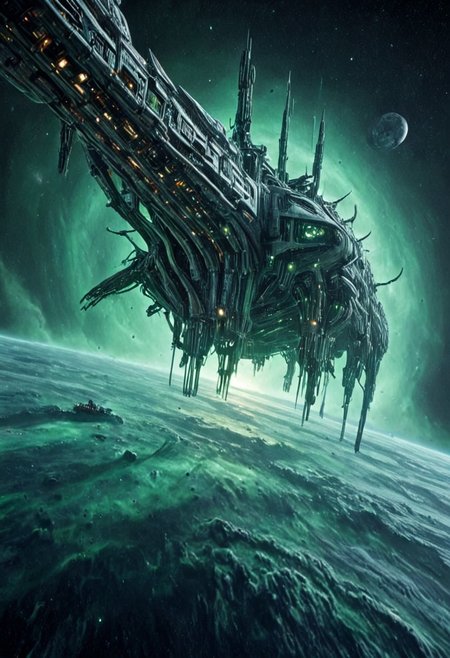 h0rr0rstyl3, CosmicStyle, galactic orbit, biomechanical starships, alien dreadnoughts, vast space fleet, deep-space perspective, sinister propulsion cores, organic hull plating fused with alloy skeletons, eerie green luminescence, eldritch-tech fusion design, hovering above a dying planet, hostile intent, colossal scale, pulsating engine chambers, venomous color palette, surreal war vessels, drifting in interstellar silence, atmospheric friction glow, ancient unknown technologies, cosmic horror aesthetic, spacecraft formation resembling occult geometry