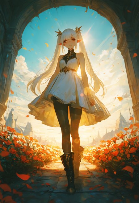 masterpiece, best quality, amazing quality, very aesthetic, absurdres, newest, Extreme Close-Up, Fantasy,
1girl solo
boots, Sleeveless dress, Golden eyes, makeup,eyeshadow, long hair, pantyhose, pointed ears, twintails, white hair,
flowers,petals, sky, BREAK Bright And Sunny Lighting,Atmospheric Perspective,
Vignetting,Lens Flare,
Vanishing Point, <lora:ponyv4_noob1_2_adamW-000017:0.7000000000000001> <lora:USNR_STYLE_XL_lokr:0.45> <lora:748cmSDXL:0.7>