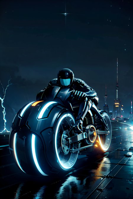 ((masterpiece,best quality)), absurdres,    <lora:CiTron_Legacy:0.8>, citron legacy, (motorcycle:1.2), electricity, blue glow, blue theme, moon, starry sky, space,