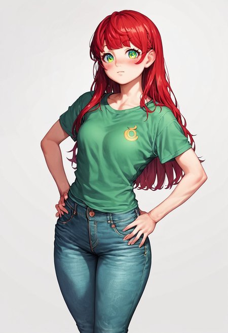 rinotuna, score_9, score_8_up, score_7_up, score_6_up, score_5_up, rating_questionable, source cartoon 1girl, pretty face, pretty eyes, detailed eyes, HD eyes, thick thighs hands on hips, standing, cowboy shot looking at viewer, blush, eyebrows, long hair, red hair, green eyes jeans, green t-shirt, boots, high waisted jeans simple background, white background