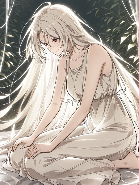 <lora:Omniscient_Readers_Viewpoint__Shin_Yoosung_adult:1>
1girl, solo, very long hair, white hair, straight hair, parted bangs, hair between eyes, red brown eyes,
white dress, flowing dress, layered dress, sleeveless dress, ankle length dress, soft fabric, ethereal look, barefoot, 
score_9, score_8_up, score_7_up, masterpiece, best quality, absurdres, perfect anatomy, 1girl, solo, wariza, sitting, hands on own knees, garden background
