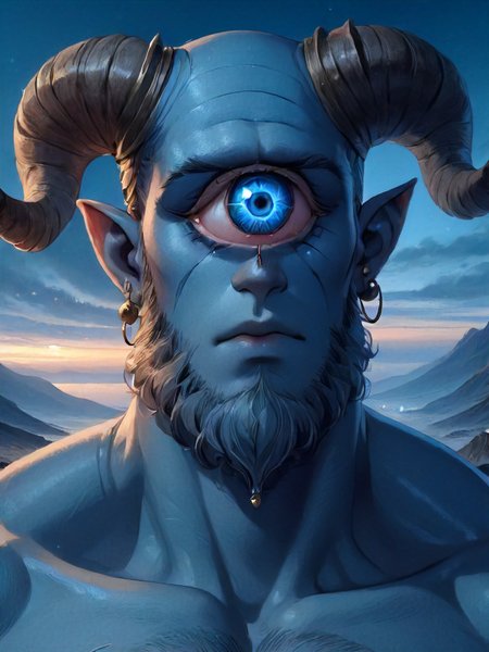 cyclops, one eye, solo, looking at viewer, blue eyes, 1boy, jewelry, male focus, earrings, outdoors, horns, sky, pointy ears, colored skin, facial hair, portrait, beard, mountain, realistic, blue skin, curled horns, one-eyed<lora:cyclopes:1>