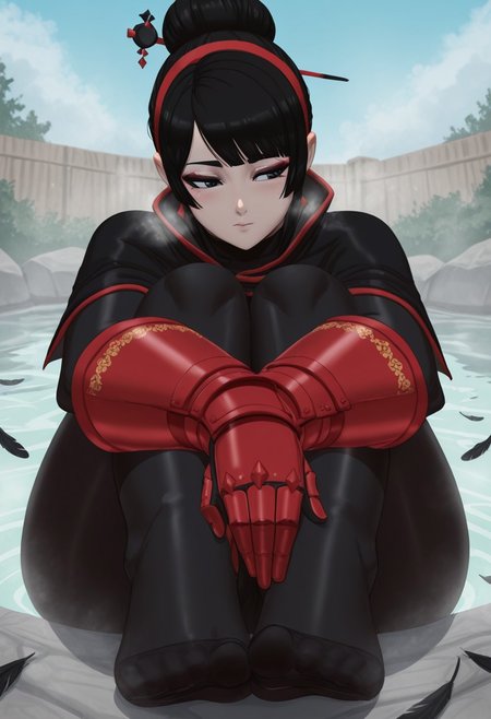 salazr4, outdoors, undershirt, falling feathers, black bodysuit, hair stick, hugging knees, knees to chest, gauntlets, eyeshadow, red gloves, two sides up, black capelet, red hairband, black eyes, 1girl, solo, feet, visible breath, dynamic angle, foreshortening, smell, steam, onsen, water