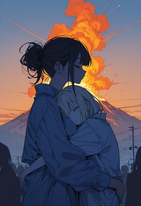 masterpiece, best quality, very aesthetic, absurdres, (anime coloring:1.2), ambient light, soft light, Rapscallionstyle, xxx667_illu, line art,SagawaStyle, ma1ma1helmes_b_illu, sketch,
blue theme, (orange hue), surreal, ((2girls,)) two girls kissingeach other, blushed, closed eyes, on the street, tshirt, jacket, blonde girl, black-hair girl, large breast, hugging each other, profile, silhouette, long ponytail. updo, ((blurry foreground)), body silhouette, people lower, 
Backgrond focus, high volcano eruption in background, large volcano, dark smoke, tanned, sunset, low angle, 
high detail, sharp shading, centered composition, soft shadows