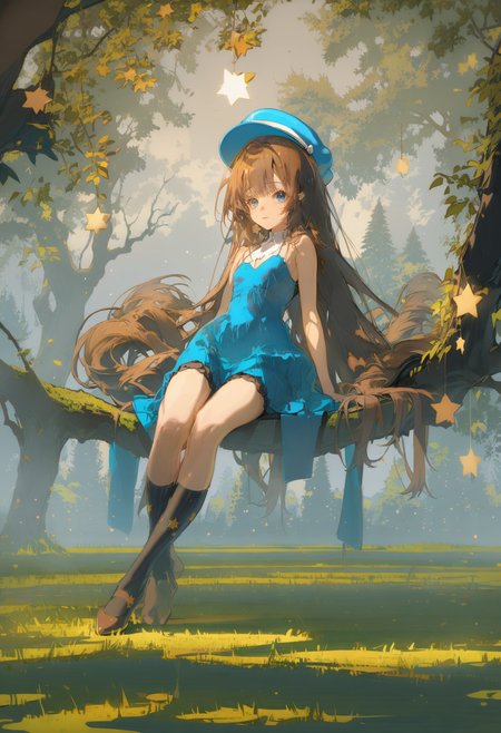 masterpiece, best quality, <lora:REDUMXLANI31lokrV53P1-000121:0.95>  1girl, long hair, solo, sitting, socks, dress, brown hair, kneehighs, blue eyes, very long hair, black socks, sleeveless, tree, star \(symbol\), hat, bangs