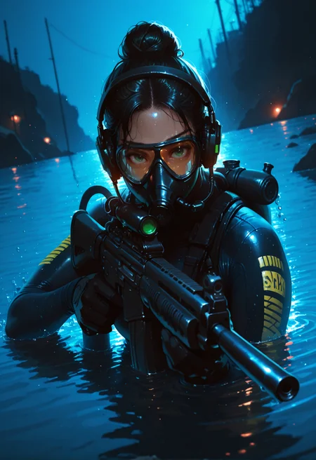 looking at viewer, mask, goggles,night, green eyes,, scuba mask, military,  scuba gear,  covered eyes, ,, masterwork, masterpiece, best quality, dynamic lighting , dynamic pose,,  dynamic angle, , , (realistic:1.2), (lineless:1.2), detailed, <lora:Detailer_NoobAI_Incrs_v1:1>, , aged up, adult, depth of field, dynamic lighting, blurry, cheekbones,