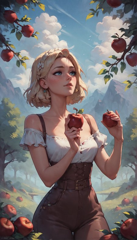 score_9, score_8_up, score_7_up, score_6_up, score_5_up,   girl picking apples from a tree, sexy 20yo white caucasian girl,   <lora:Styles\Disney Princess:0.7> <lora:Styles\Twilight Style:0.8> <lora:Styles\Smooth Style 2:0.4>