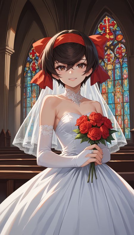 score_9, score_8_up, score_7_up, source_anime,
<lora:Shizuka Tsuruk:1> 1girl, mole under eye, hair bow, short hair,black hair, red ribbon, brown eyes,bangs, dress, bridal gauntlets, strapless dress, wedding dress, white dress, simple background, indoor, church, holding flower, smile