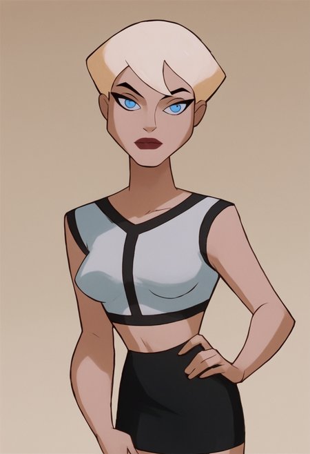 <lora:ChelseaBatmanBPony1.0:1> chelsea, 1girl, solo, blonde hair, short hair, white shirt, blue eyes, breasts, lipstick, black skirt, score_9, score_8_up, score_7_up, score_6_up, score_5_up, score_4_up, looking at viewer, hand on own hip, cowboy shot,simple background,