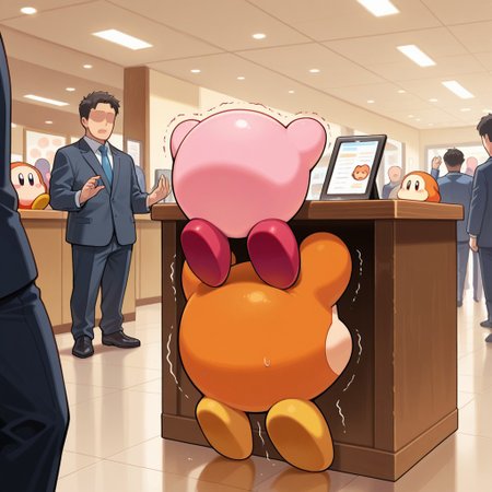 no humans, people, kirby, waddle dee, arms up, 5tealth 5ex, front panel desk, hand on desk, behind desk, (lifting person), trembling, indoors, from behind, masterpiece, best quality, amazing quality,